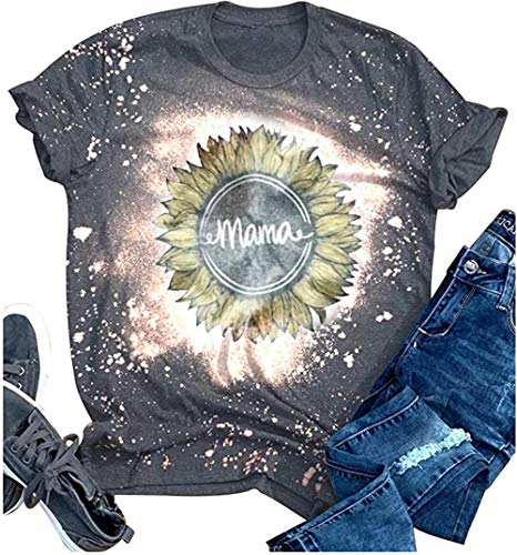 Mama Sunflower Bleached Shirt Women Vintage Funny Sunflower Graphic Mom Tee Shirt Summer Letter Print Casual Tops (Grey, S)