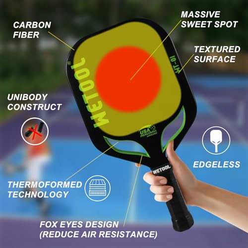 WETOOL Edgeless Pickleball Paddles, USAPA Approved, Carbon Fiber, Thermoformed Unibody Construct, Textured Surface Massive Sweet Spot Pickleball Paddle with Paddle Cover