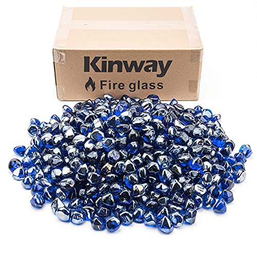 Kinway 20lbs Fire Glass Diamonds 1 Inch Blue Fire Pit Glass Rocks for Fire Pit Fireplace - Cobalt Blue