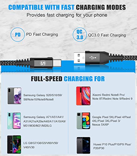 sweguard USB Type C Cable 3.1A Fast Charging [2Pack,6.6ft+3.3ft], USB-A to USB-C Charger Nylon Braided Cord for Samsung Galaxy S21 S20 S10 S9 S8 Plus,Note 20 10 9 8 7,A71 A51 A32,LG,Moto,PS5-Grey
