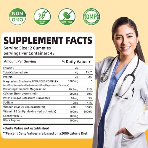90 CT Magnesium Glycinate Gummies 1000mg - Sugar Free Magnesium Potassium Supplement with Vitamin D, B6, CoQ10 for Calm Mood & Sleep Support - 90 Elderberry Gummies