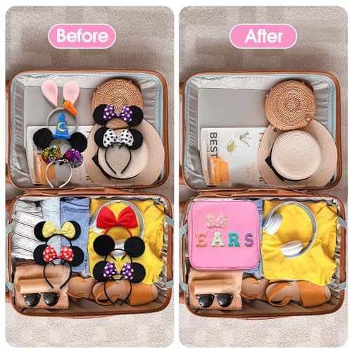 Chenille Letter Bow Mouse Ears Travel Case, Park Ears Headband Holder Hair Accessories Organizer Bag for Girls Women Kids Adults, Large Makeup Bag Snack Bags with Zipper for Travel Picnic - Black