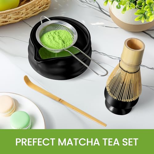 Matcha Whisk Set and Bowl, Matcha Making Kit Whisk, Bowl With Spout, Sifter, Ceramic Whisk Holder, Spoon Japanese Tea Powder Starter Tools For Ceremony Gift (Black, 9 Pack)