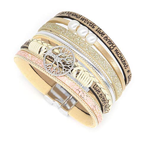 FANCY SHINY Tree of Life Leather Wrap Bracelet Inspirational Cuff Bangles Boho Pearl Bracelets with Clasp Unique Jewelry Gifts for Women(Beige)