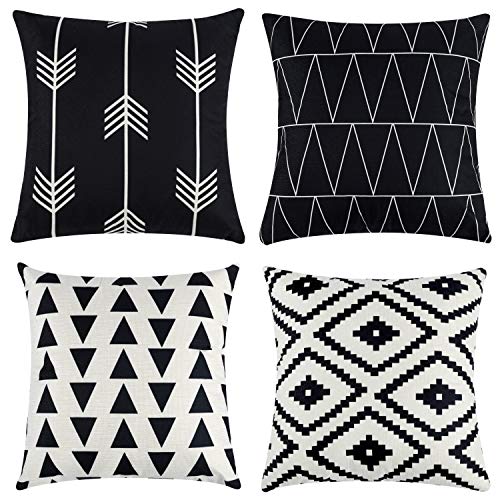 Tosewever Set of 4 Decorative Geometric 16 x 16 Inches Throw Pillow Covers - Modern Pattern Linen Square Pillow Cushion Case for Sofa Couch Bed Home Outdoor Car (16" x 16", Black)