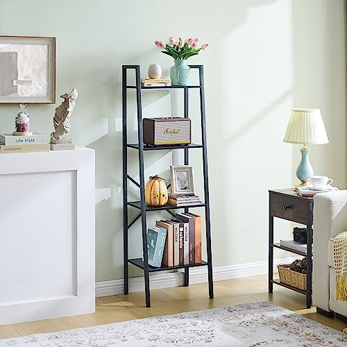 Hoctieon 4-Tier Industrial Ladder Bookshelf, Narrow Ladder Shelf, Tall Standing Bookshelf, Skinny Open Ladder Shelf, for Living Room, Home Office, Kitchen, Bedroom, Metal Frame, Black