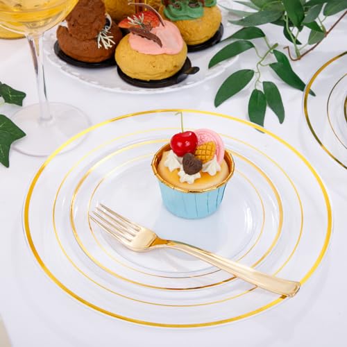 DaYammi 210PCS Clear Gold Plastic Dinnerware Set for 30 Guests, Fancy Disposable Plates for Party, Include: 30 Dinner Plates, 30 Dessert Plates, 30 Pre Rolled Napkins with Gold Silverware, 30 Cups