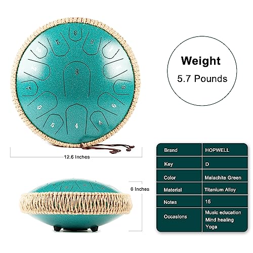 HOPWELL Steel Tongue Drum - 13 Inches 15 Notes Tongue Drum - Hand Pan Drum with Music Book, Handpan Drums Mallets and Carry Bag, D Major (Malachite Green)