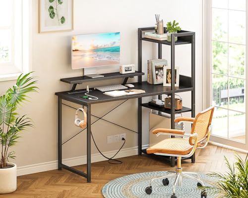 ODK Reversible Gaming Desk with USB Charging Port and LED Lights, 40 Inch Computer Desk with Storage Shelves & Monitor Stand, Study Table for Home Office, Small Space Bedroom, Carbon Fiber Black
