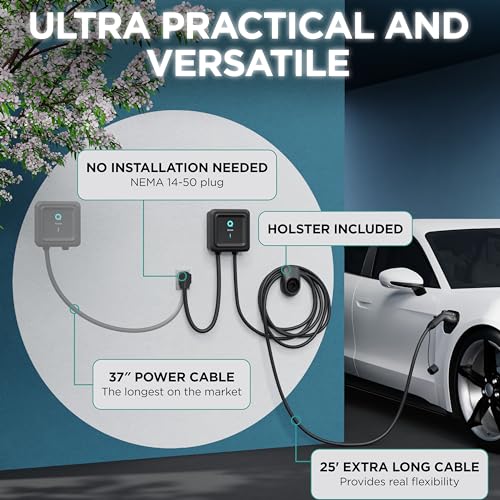 EVIQO Level 2 EV Charger - Smart EV Chargers - 48 Amp Home EVSE - WiFi EV Level 2 Charger - Level 2 Charger NEMA 14-50 or Hardwire - 25ft Cable EV Charger Level 2, Electric Car Charger Energy Star/UL