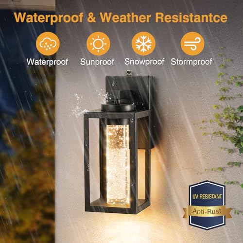 VIANIS Black Outdoor Wall Sconce, Dusk Dawn Exterior Lighting Wall Mount House with Crystal Bubble Glass, Waterproof Modern Outdoor Light Fixture Front Porch, LED Coach Lights for Garage Lantern