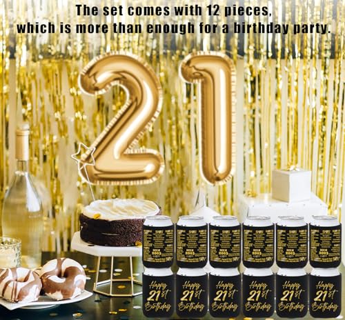 BackURyear 21st Birthday Decorations for Him Her, Birthday Decor for 21 Years Old Boy Girl, 21st Birthday Supplies for Women Men, Back in 2003-21st Birthday Can Cooler Sleeves- 12Pcs Black&Gold