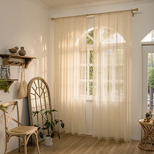 Sutuo Home White Boho Curtains 2 Panels 96 Inches Length for Bedroom Living Room Patio, Window Treatments Bohemian Sheer Knitted Crochet Lace Vintage Drapes Pair Tassels, Rod Pocket, 52" x 96"