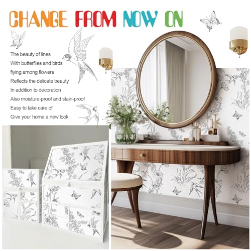 Amiya Black and White Floral Wallpaper Peel and Stick Removable Birds Contact Paper Bedroom 17.3” X 80” Vinyl Self Adhesive Sketch Wall Paper for Cabinets Shelf Liner Living Room Decoration