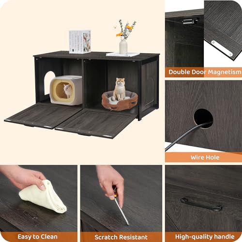 Dwanton 46" Litter Box Enclosure for 2 Cats, Large Cat Litter Box Furniture Hidden with Double Rooms, Wooden Cat Washroom Indoor, Fit Most of Litter Box, Dark Gray, 46" L x 19.7" W x 21.7" H