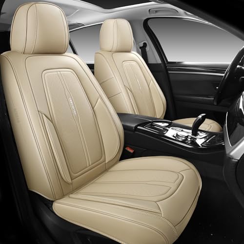 GEEMAYTEK Car Seat Cover Front Seat, Leather Seat Cover for Cars, 2Pcs Waterproof Beige Seat Cover Car Seat Protector Cushions Universal Fit for Most Cars & SUV Trucks