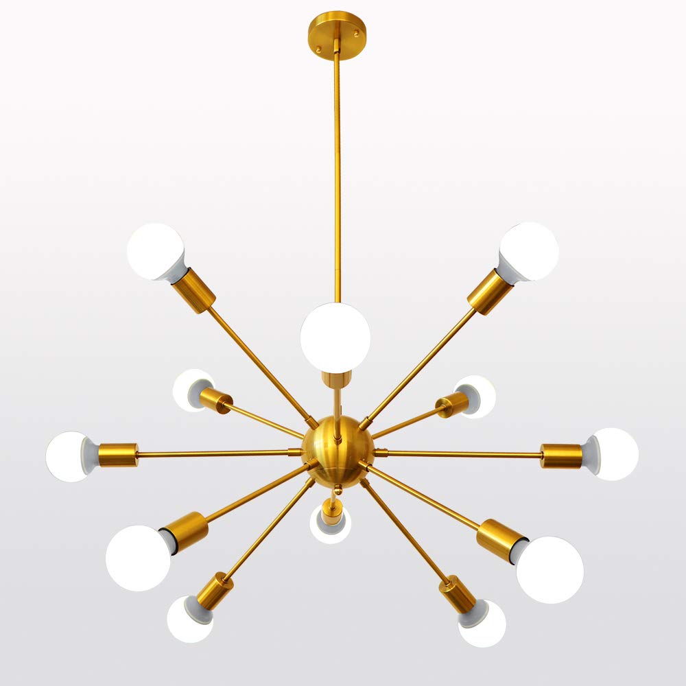 LynPon Gold Sputnik Chandeliers, 12 Lights Plating Golden Chandelier Light Fixture for Dining Room, Modern Adjustable Height Living Room Ceiling Light Fixture for Entryway Foyer Kitchen Bedroom