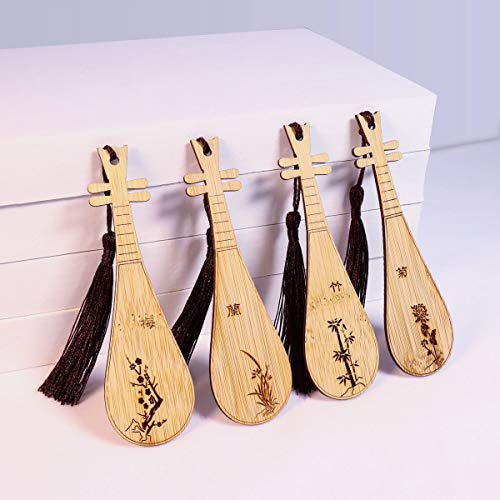 Gdpaddy Handmade Natural Bamboo Bookmark with Beautiful Tassels,Vintage Style Bookmark is A Unique Gift for Teachers, Students, Men and Women - 4Pcs (Guqin)