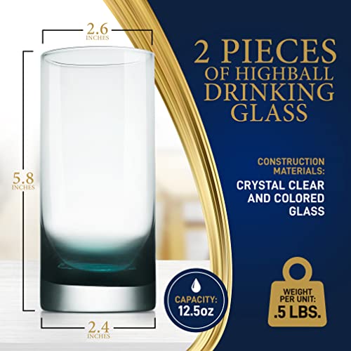 NutriChef 12.5oz Highball Drinking Glasses - Set of 2 Heavy Base Tall Tumbler Clear Glassware for Water, Wine, Beer, Liquor, Gin, Cocktail, Whiskey, Juice, Iced Coffee, Mixed Drinks, Dishwasher Safe