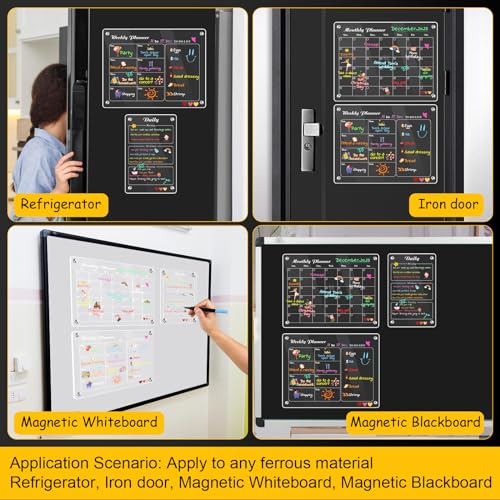 LOVIMAG Magnetic Dry Erase Calendar for Fridge, Acrylic Magnetic Monthly Weekly Daily Calendar for Refrigerator Set, Clear Fridge Calendar, Includes 6 Highlight Markers with 6 Colors