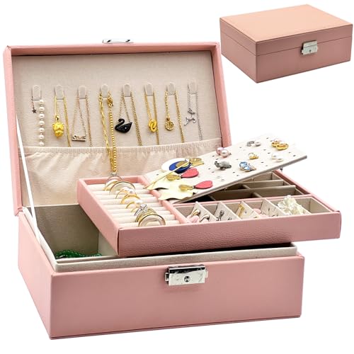 Jewelry Organizer Box for Women Girls,CIT ZCFYU 2 Layers Jewelry Box Earring Holder Organizer with Lock,Travel Jewelry Storage Case with Display for Necklaces Bracelets Rings Watches,Pink Vintage Gift