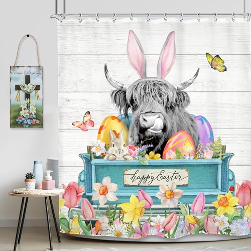 SVBright Farmhouse Highland Cow Shower Curtain 60Wx72L Inch Wildflower Cow Shower Curtain Bull Rustic Cattle Funny Western Curtains Truck 12 Hooks Polyester Waterproof Flower Bathroom Bathtub Panel