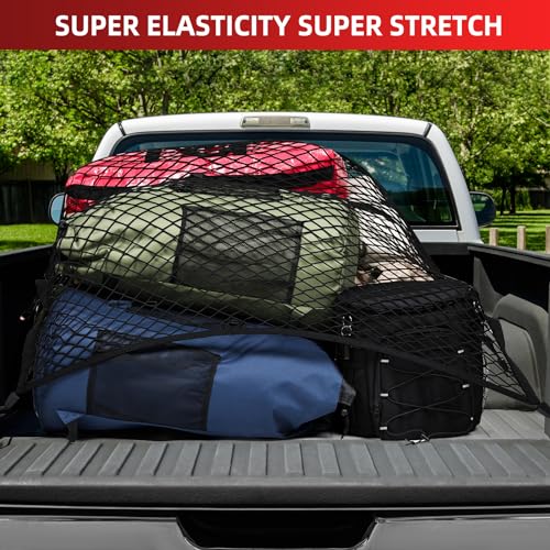 Cargo Net for Pickup Truck Bed,Truck Bed Net,Stretchable Mesh Organizer for Pickup Trunk Bed,Truck Cargo Net with 4 Pcs Metal Carabiner Clips and 4 Hooks，Suitable for Daily Light Loads of Trucks SUV
