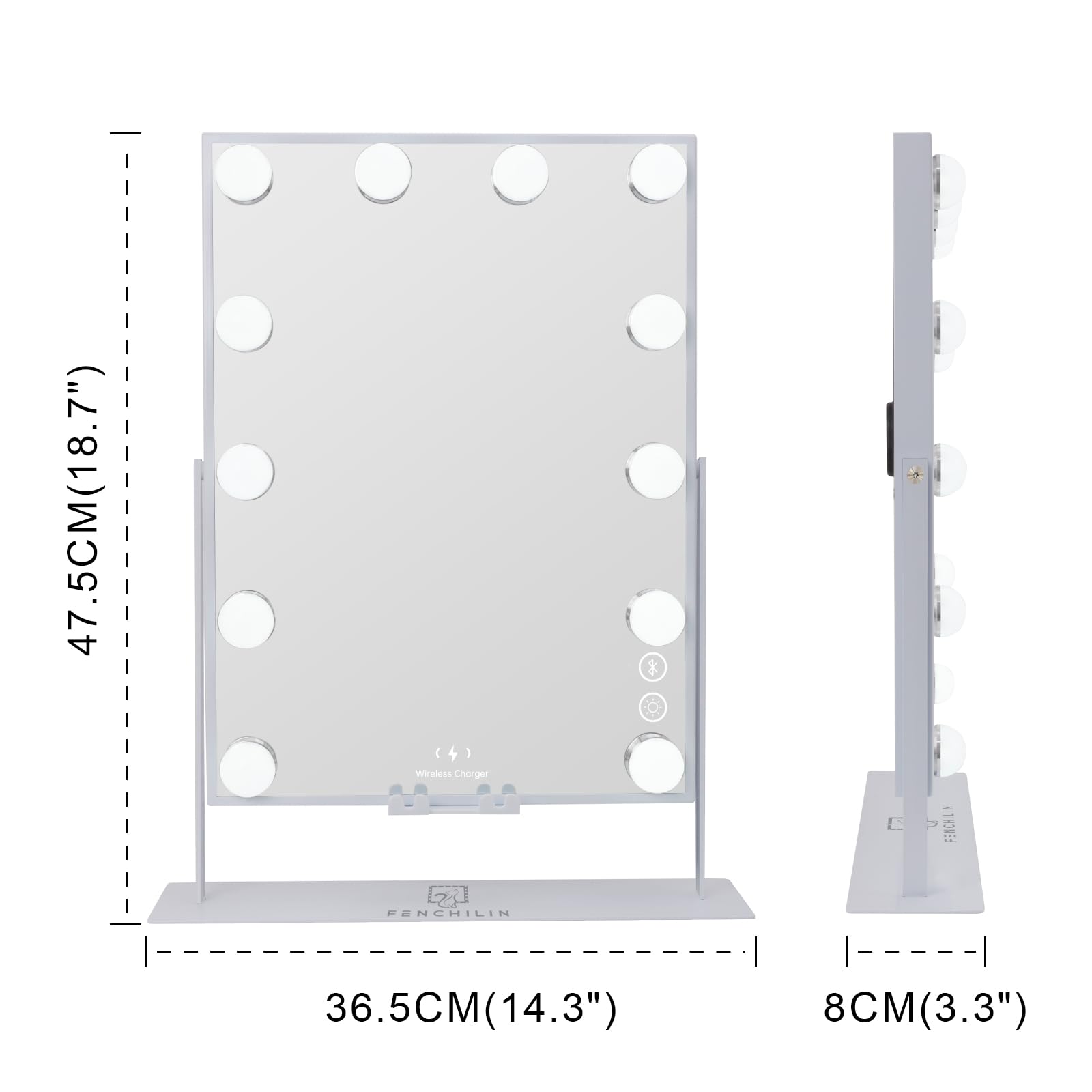 FENCHILIN White Vanity Mirror with Lights Wireless Charger and Speaker Hollywood Makeup Mirror with 12 Dimmable Bulbs 3 Color for Glam Room Bedroom Detachable 10X Magnification