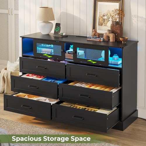 Hasuit 6 Drawer Dresser with LED Lights and Charging Station, Farmhouse Chest of Drawers Closet Organizer, Clothes Storage Cabinet Double Dressers for Bedroom, Living Room, Hallway, Black