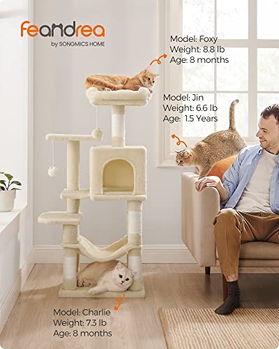 Feandrea Cat Tree, 44.1-Inch Cat Tower for Indoor Cats, Multi-Level Cat Condo with 4 Scratching Posts, 2 Perches, Hammock, Cave, Beige UPCT261M01