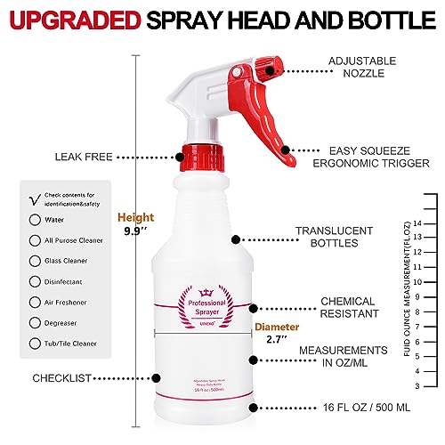 Uineko Plastic Spray Bottle (4 Pack, 16 Oz, All-Purpose) Heavy Duty Spraying Bottles Leak Proof Mist Empty Water Bottle for Cleaning Solution Planting Pet with Adjustable Nozzle and Measurements