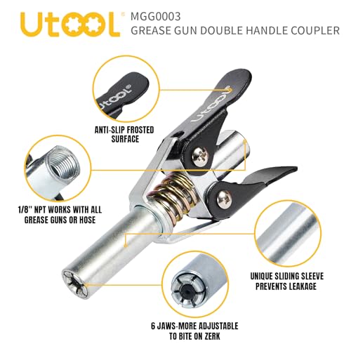 UTOOL Grease Gun Accessory Kit, Double Handle Coupler with Zerk Fitting Cleaner, 1/8 NPT Threads, Easy to Lock Zerk Fittings and Quick Release, Max Working Pressure 10000 PSI