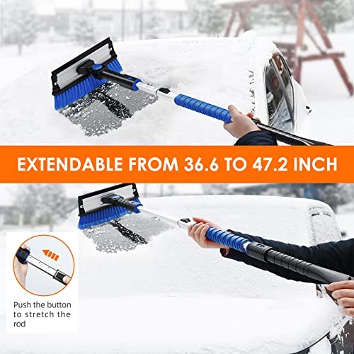 AstroAI 47.2" Ice Scrapers for Car Windshield, 3 in 1 Sturdy Snow Brush with Squeegee, 10 Adjustable Length Settings, Extendable Aluminum Handle, 180° Pivoting Snow Scraper for Car, Truck, SUV(Blue)