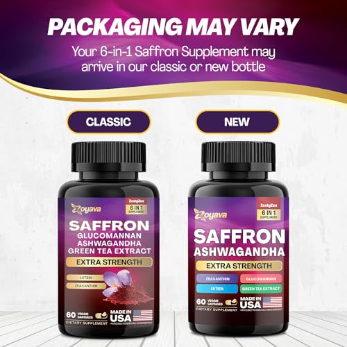 Zoyava Saffron Supplements 1000mg Glucomannan 1000mg Ashwagandha 1000mg Green Tea Extract 1000mg Lutein & Zeaxanthin - Pure Saffron Extract Capsules - Mood & Vision Pills - 2 Month Supply