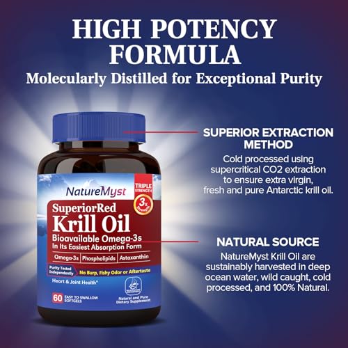 NatureMyst Antarctic Krill Oil 1000 mg Softgels, Krill Oil Omega-3s, EPA, DHA, Astaxanthin & Phospholipids, Joint, Heart Health, 60 Softgels, Non-GMO, No Gluten, Made in The USA