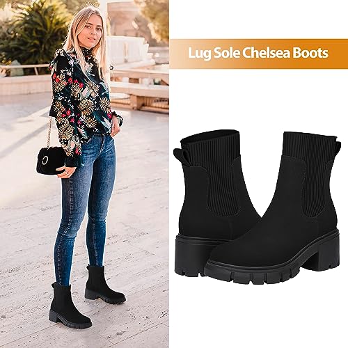 Athlefit Women's Black Chelsea Boots Fall Platform Ankle Boots Slip on Chunky Lug Sole Boots