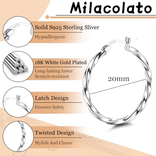 Milacolato 925 Sterling Silver Hoop Earrings for Women Girls 18K White Gold Plated Twisted Hoop Earrings Hypoallergenic Lightweight Click-Top Big Hoop Earrings 20mm