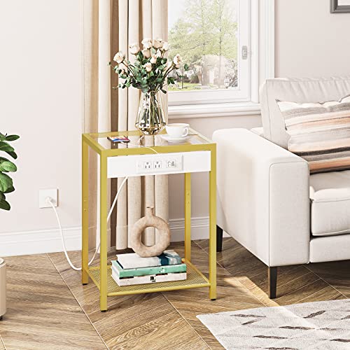 HOOBRO Side Table with Charging Station, End Table with USB Ports, Nightstand for Tight Spaces, Tempered Glass, Modern Metal Frame, for Office, Bedroom, Living Room, Study, Gold GD76UBZ01