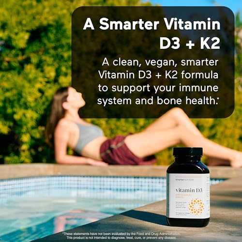 SMARTERNUTRITION Vegan Vitamin D3 5000 IU + Natural Vitamin K2 1100 mcg in Organic Coconut & Olive Oil - D3 K2 Supplement for Immune & Bone Support - 60 Softgels[30 Day Supply]
