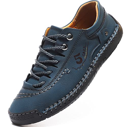 FiveStoresCity Mens Casual Shoes Summer Breathable Sneakers Loafers Walking Shoes Handmade Lace-Up Leather Dress Flats Shoes for Driving Business Working Office Blue Size 7.5