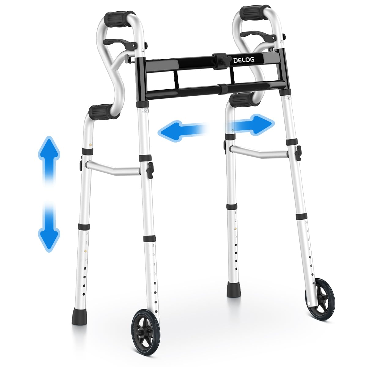 Delog Narrow Folding Walker for Seniors, 3 in 1 Folding Walker with 5” Front Wheels Width Adjustable Compact Standard Walker Support Up to 350lbs (Black)