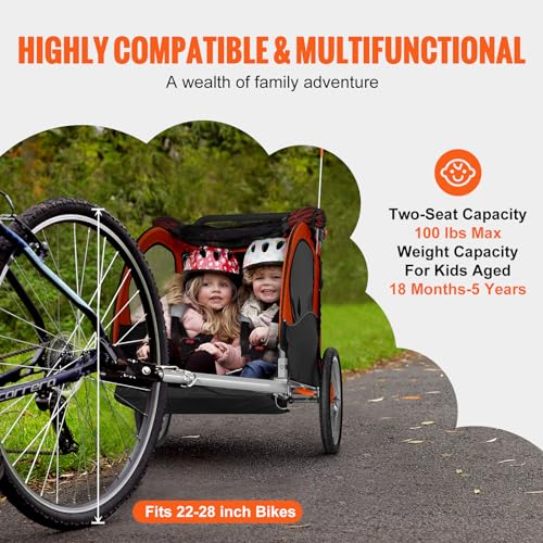 VEVOR Bike Trailer for Toddlers, Kids, Double Seat, 100 lbs Load, 2-in-1 Canopy Carrier Converts to Stroller, Tow Behind Foldable Child Bicycle Trailer with Universal Bicycle Coupler, Orange and Gray