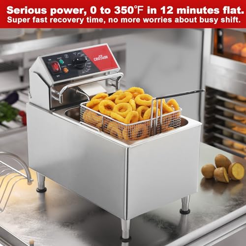 CROSSON ETL Listed 15Lbs Electric Deep Fryer with No-Assembling-Needed Solid Basket,Lid and Height Adjustable Legs for Restaurant Use,120V/1800W Commercial 8L Countertop Deep Fryer