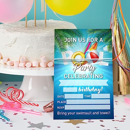 UDNADKEX Birthday Invitations Pool Party for Boy with Envelopes, Invites for Birthday Summer Pool Party, Swimming Party Birthday Invite Cards, Join Us for A Pool Party Celebrating, 4"x6" Set of 20