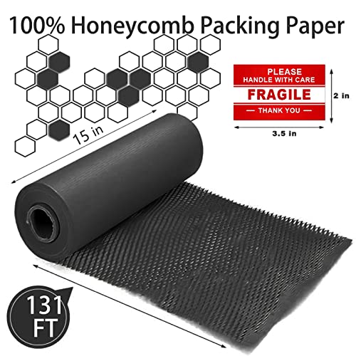 onesimcr Black Honeycomb Wrapping Paper Wrap 15"x131' Sustainable Alternative to Bubble Wrap for Moving/Transporting/Packaging Rolls with 20 Fragile Stickers Biodegradable and Fully Recyclable…