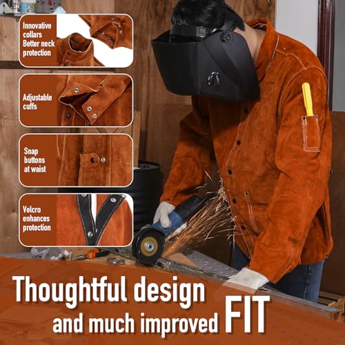 QeeLink Leather Welding Jacket - Flame-Resistant Heavy Duty Work Welder Jackets - Split Cowhide Welding Coat for Men Women (Small)