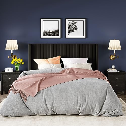 Allewie Full Size Velvet Bed Frame/Vertical Channel Tufted Wingback Headboard/Upholstered Platform Bed/Strong Wooden Slats/No Box Spring Needed/Easy Assembly/Black