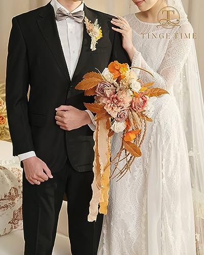 TINGE TIME Boutonniere for Men Wedding, Set of 6, Beige Artificial Groom Boutineer for Wedding Ceremony Anniversary, Formal Dinner Homecoming and Prom