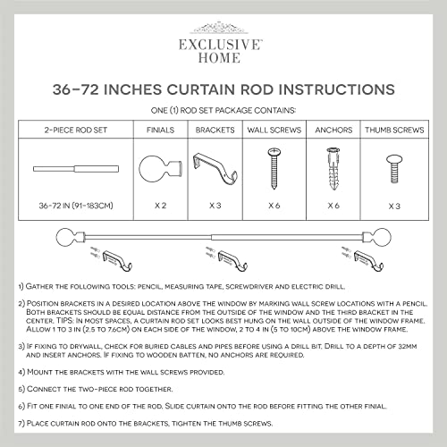 Exclusive Home Curtains Acanthus 1" Window Curtain Rod and Finial Set, Adjustable 36"-72", Matte Black