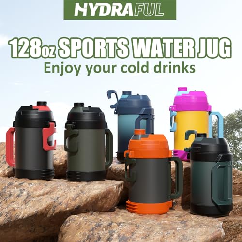 Hydraful Gallon Jug, 128oz Large Insulated Stainless Steel Sports Water Jug, Large Triple Wall Vacuum Insulation Water Bottle-Keeps Cold up to 48 Hrs-Sweat Proof,for Gym, Hiking & Camping